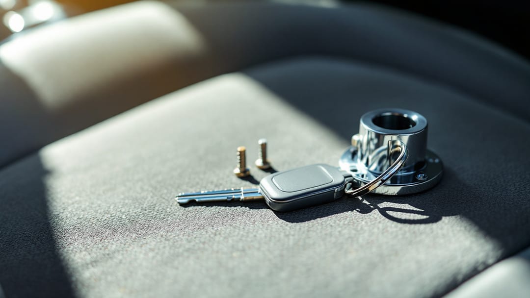 Cilindro de encendido nuevo, una llave sin usar y dos tornillos de la cubierta de la columna sobre el asiento de un carro
