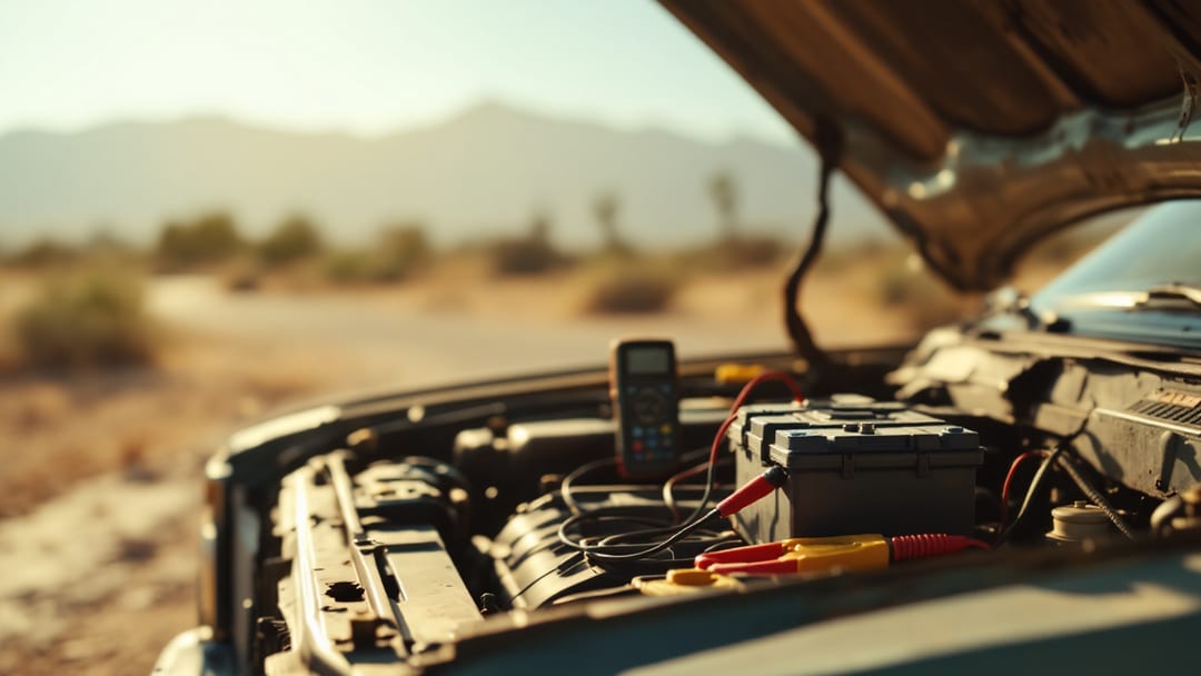 Cofre abierto de un sedán con una batería nueva instalada y bornes limpios, en un estacionamiento de El Paso bajo el sol del desierto