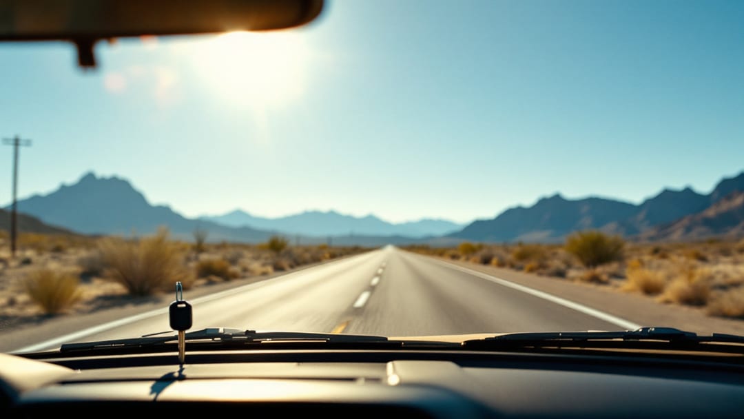 Vista desde el interior de un carro hacia una carretera del desierto de El Paso bajo sol intenso, con una llave apoyada sobre el tablero caliente