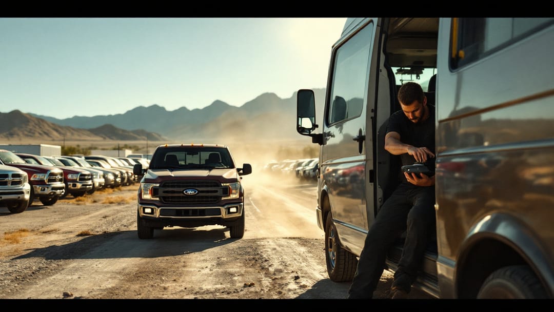 Cerrajero automotriz móvil trabajando en la puerta de una camioneta estacionada en un lote de almacenamiento de vehículos en el noreste de El Paso con las montañas del desierto al fondo