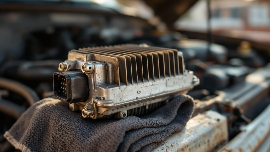 Computadora de motor usada con sus conectores expuestos sobre la salpicadera de una camioneta con el cofre abierto, bajo el sol del desierto