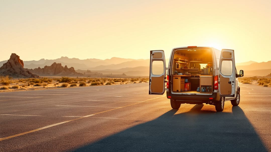 Camioneta de cerrajero automotriz estacionada junto a un sedán en un estacionamiento del desierto al atardecer