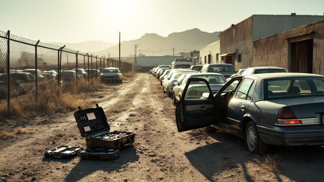 Sedán polvoriento estacionado en un patio de almacenaje de vehículos cercado en El Paso al amanecer con filas de carros y montañas del desierto al fondo