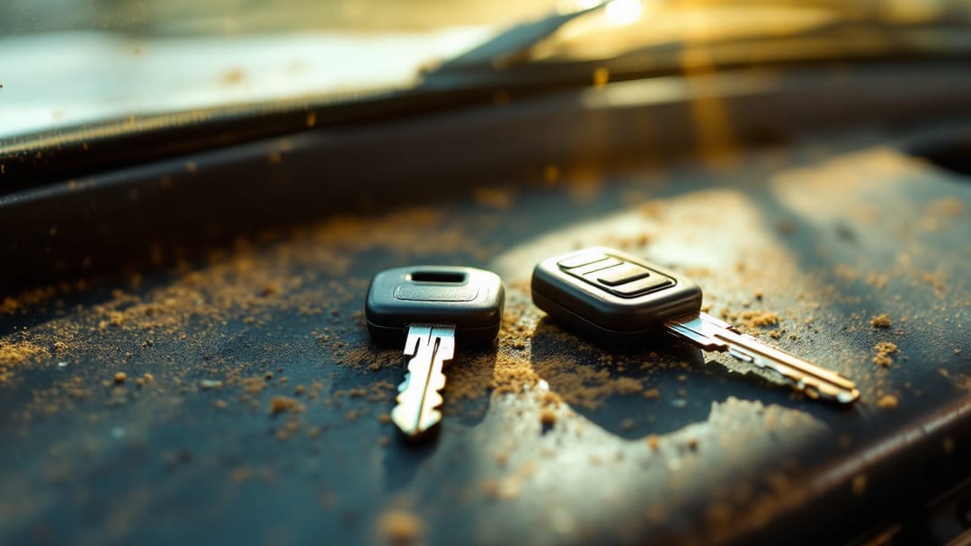 Dos llaves de carro sobre el tablero polvoriento de un vehículo con años de uso: una desgastada y una recién cortada, junto a la ranura del encendido