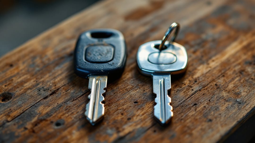 Comparación de dos llaves de carro, una con los dientes desgastados y otra recién cortada, sobre una superficie metálica