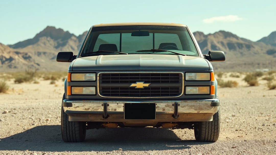 Camioneta pickup de trabajo de principios de los 2000 estacionada en un patio de El Paso mientras un técnico corta una llave mecánica de doble cara en una máquina montada en la van
