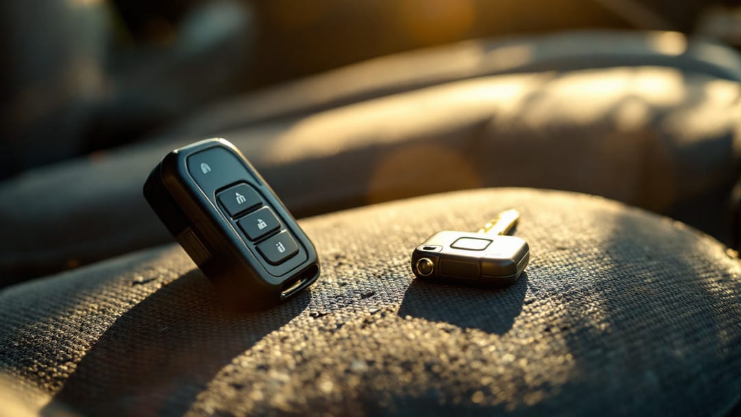 Un control remoto y una llave con chip transponder sobre el asiento de tela desgastado de un sedán familiar de los años noventa