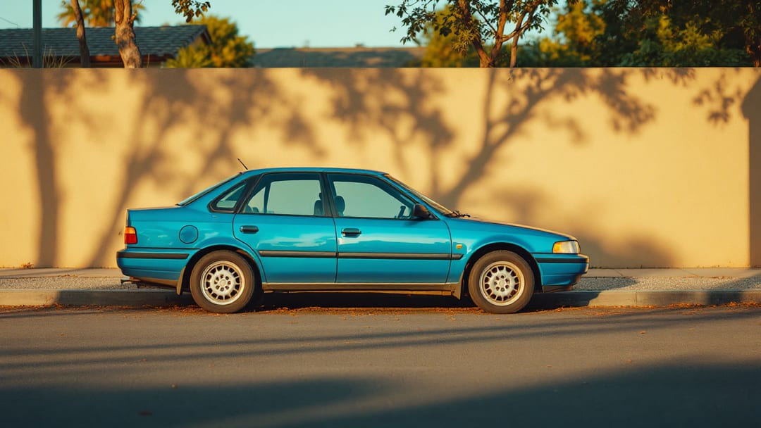 Sedán compacto azul de principios de los dos mil estacionado en una calle residencial con luz de tarde