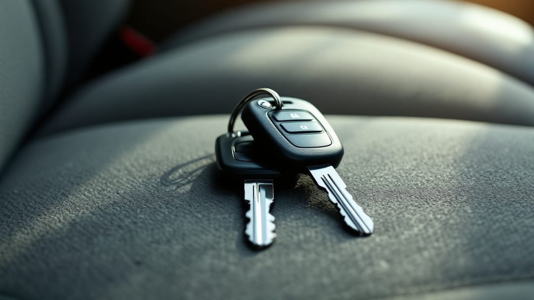 Dos llaves de carro con cabezal negro sobre el asiento de tela gris de un sedán