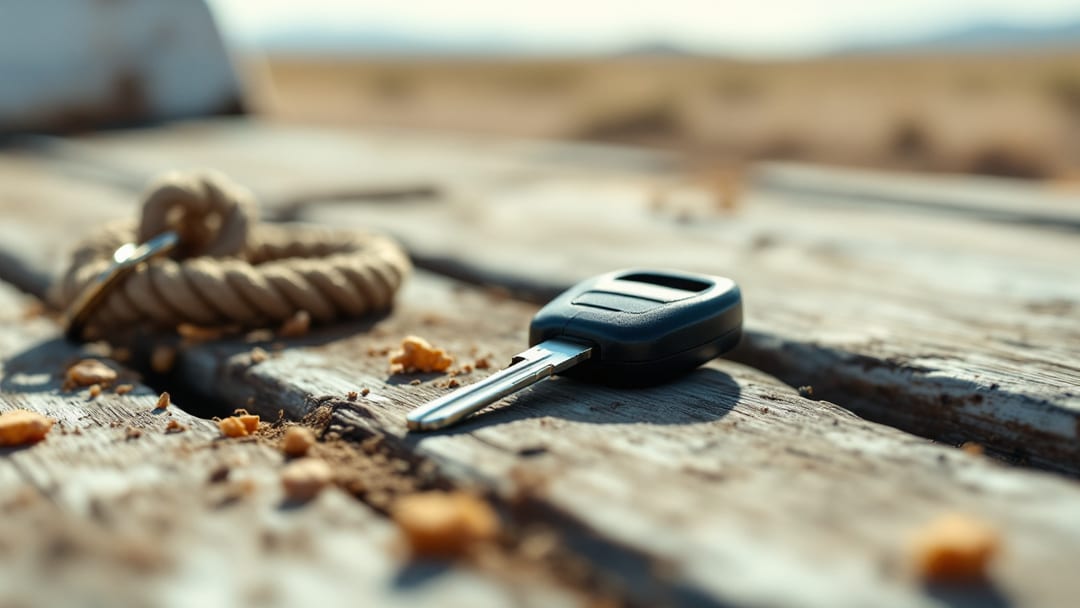 Llave de metal sencilla con cabeza de plástico negro sobre la batea de madera de una camioneta de estacas, con polvo del desierto