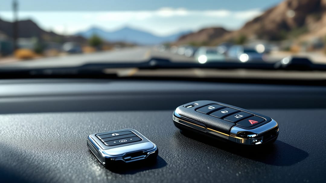 Sedán compacto estacionado en un lote universitario de El Paso con una llave tipo navaja y un control inteligente sobre el tablero
