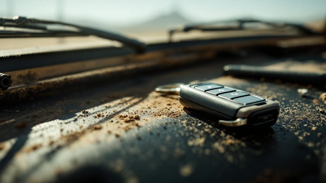 Control de llave de camioneta cubierto de polvo del desierto sobre la carrocería de una pickup de trabajo al mediodía