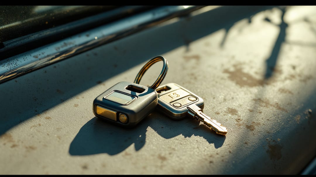 Llave metálica de Toyota de los años noventa recién cortada sobre el tablero de una camioneta antigua