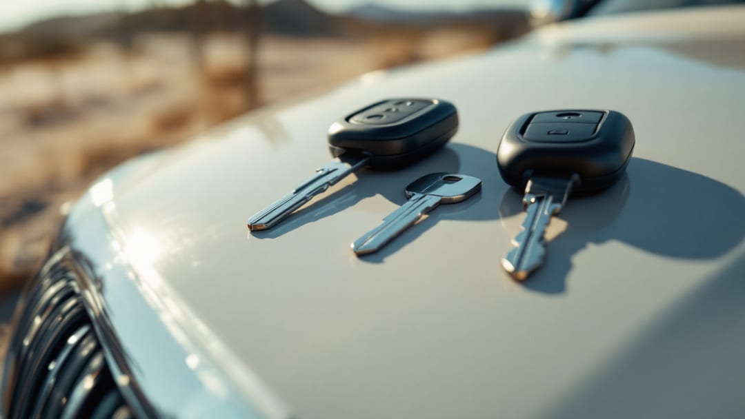 Tres llaves de carro de distinto tipo — llave de metal, llave con chip y control de proximidad — alineadas sobre el cofre de un sedán estacionado en el desierto