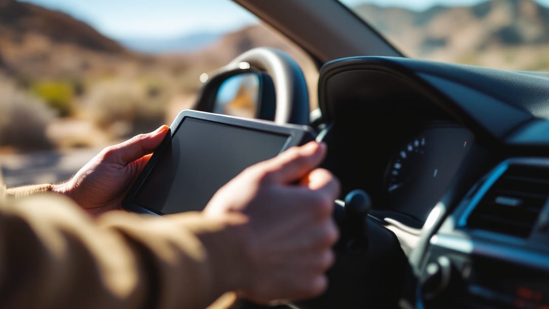 Cerrajero automotriz programando el inmovilizador de un carro con equipo OBD en un estacionamiento de El Paso con las Montañas Franklin al fondo