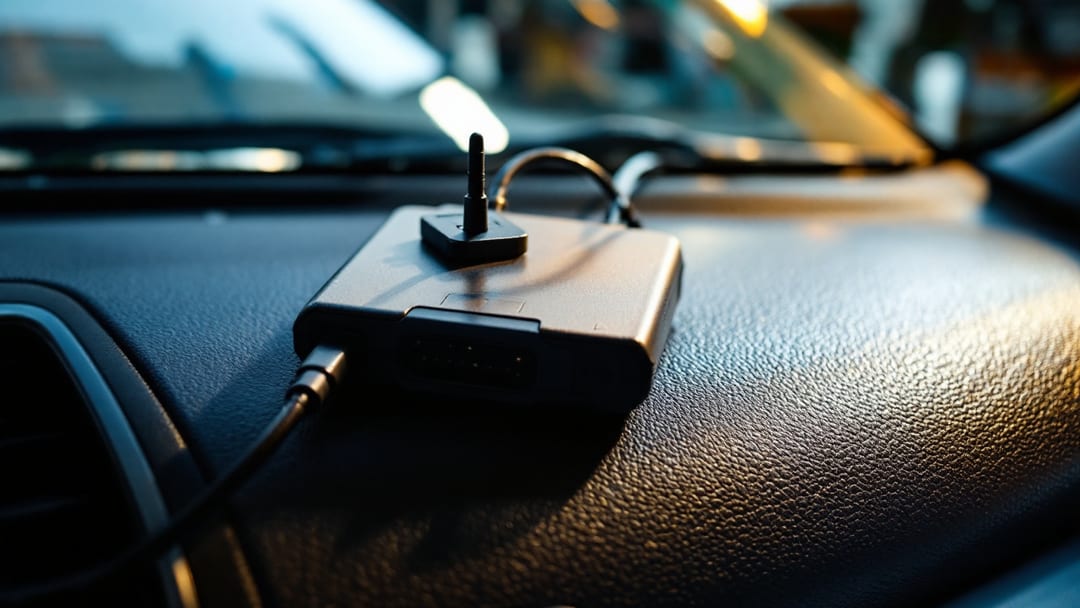 Interfaz de diagnóstico automotriz con su cable conectado, apoyada sobre el tablero de un vehículo compacto