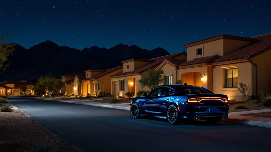 Dodge Charger sedán estacionado en un barrio de estuco del este de El Paso con las montañas del desierto al fondo de noche