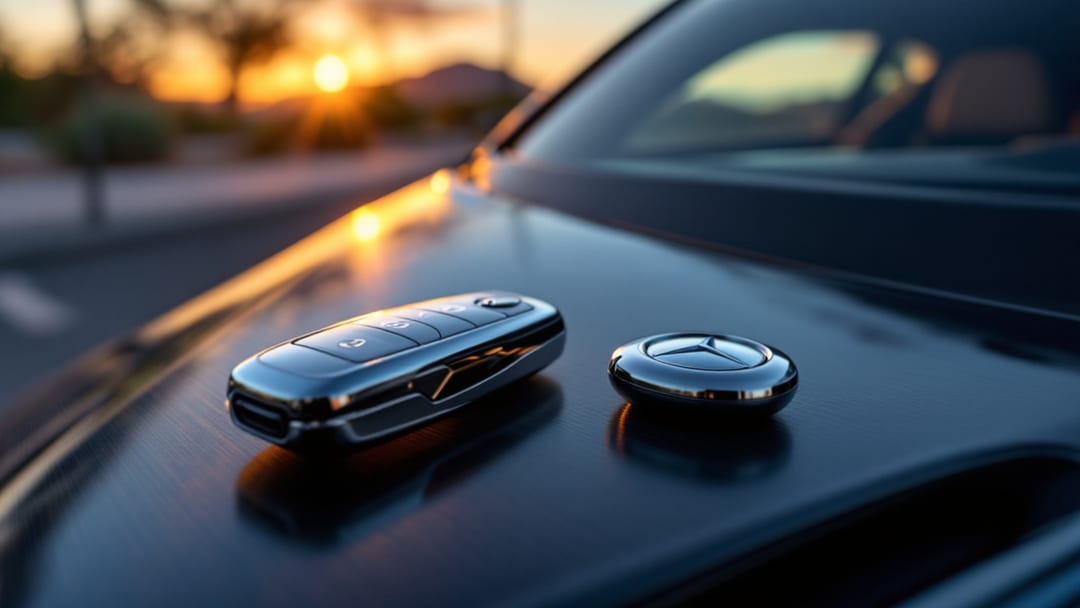 Llave inteligente de Mercedes-Benz junto a un sedán de lujo estacionado en el Westside de El Paso con las Montañas Franklin al fondo
