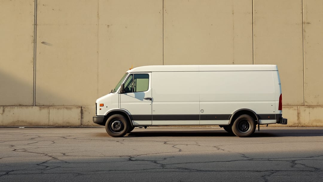 Van de carga blanca sin ventanas laterales estacionada junto a una nave industrial en la mañana