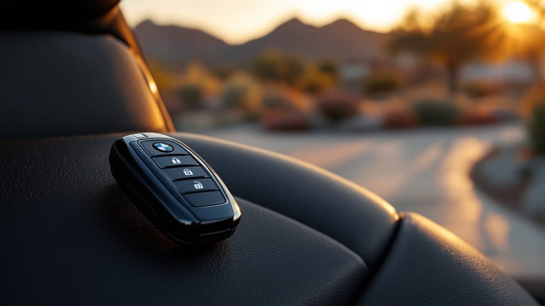 Llave inteligente Comfort Access de un BMW moderno junto al vehículo en el Westside de El Paso con las Montañas Franklin de fondo