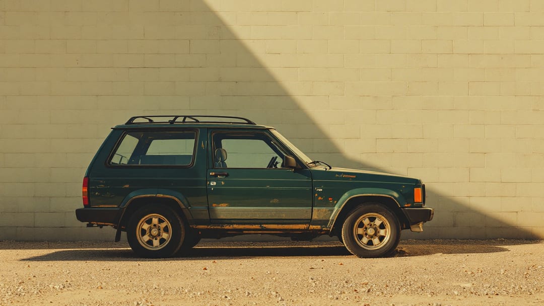 Camioneta SUV compacta de los años noventa color verde oscuro estacionada frente a una barda de bloque bajo sol intenso