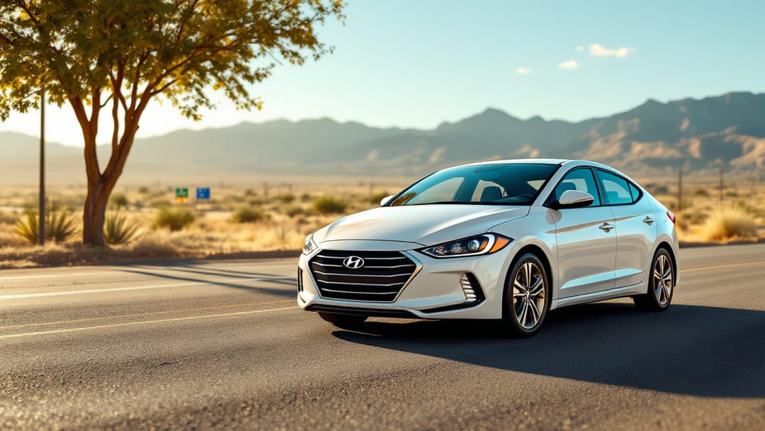 Hyundai Elantra estacionada en una calle de El Paso con las montañas Franklin y la I-10 al fondo bajo el sol del desierto