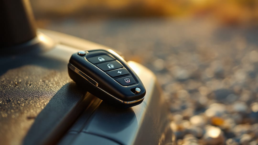 Llave de carro con control remoto integrado apoyada sobre el borde de la puerta abierta de una camioneta