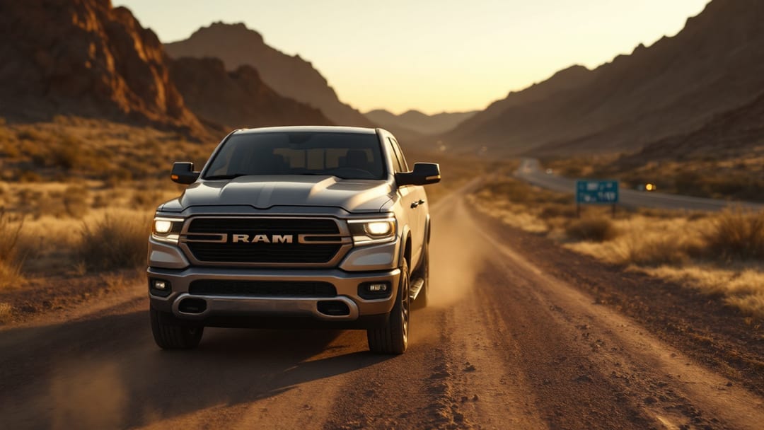 RAM 1500 estacionada frente a las montañas Franklin en El Paso con una llave fobik nueva sobre el tablero