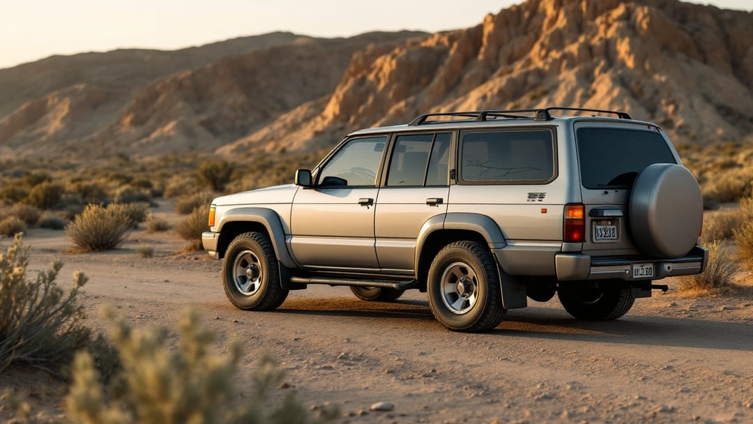 SUV todoterreno color plata estacionada en un camino de terracería del desierto con montañas áridas al fondo