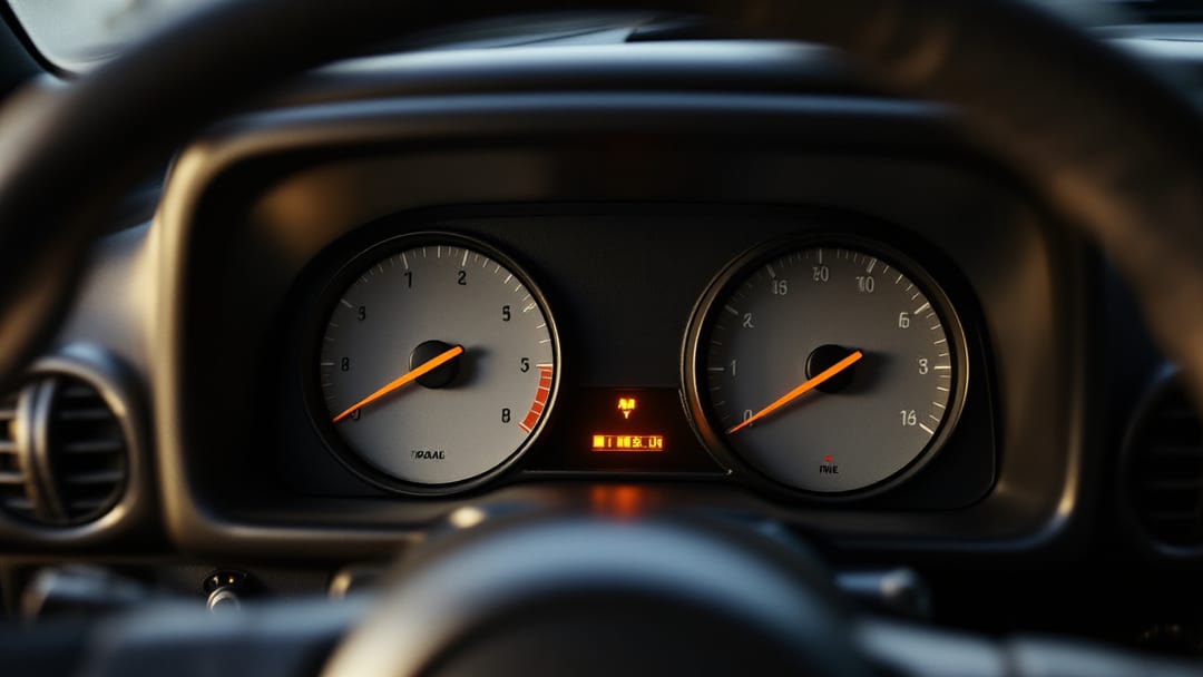 Tablero de un carro compacto antiguo con el testigo de seguridad iluminado en ámbar detrás del volante