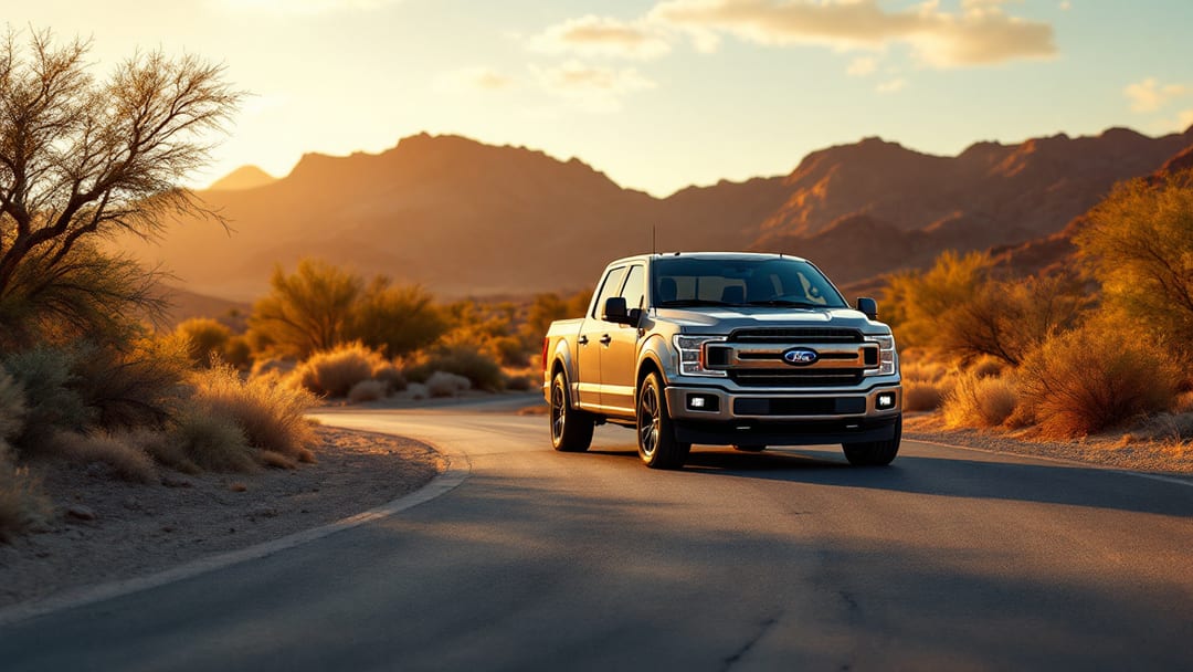 Ford F-150 estacionada frente a las montañas Franklin en un barrio de estuco de El Paso al atardecer