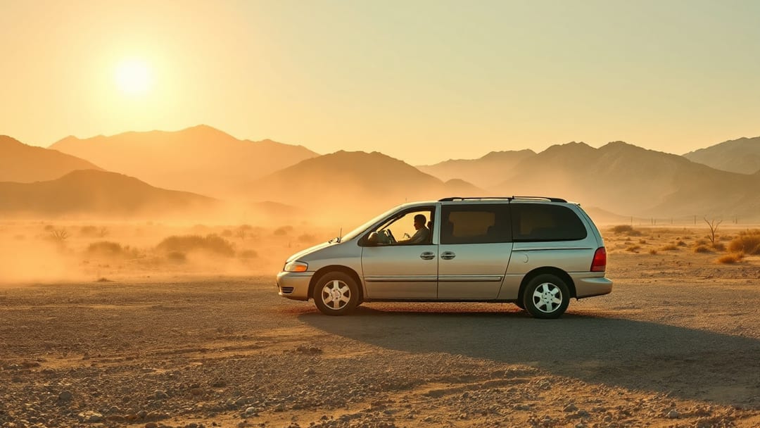 Minivan familiar estacionada en un lote polvoriento al atardecer con la puerta del conductor entreabierta